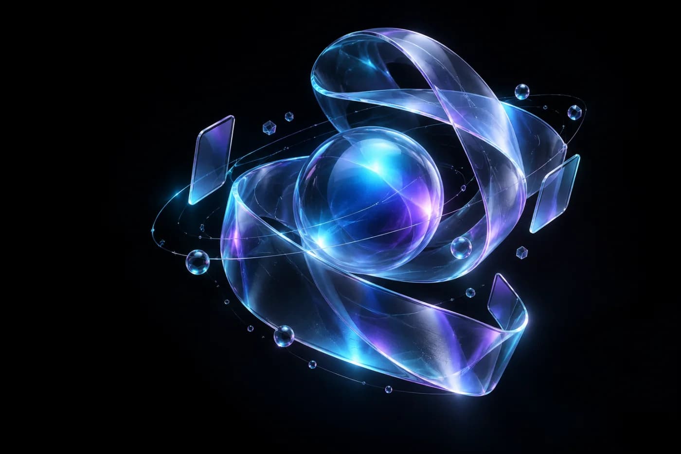 Translucent cyan and violet digital structure orbiting a luminous core
