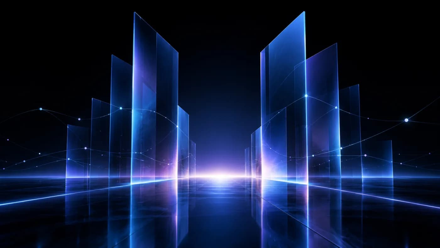 Luminous architectural glass gateway in blue and violet